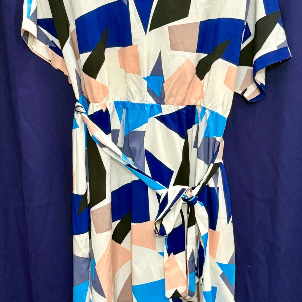 NWOT Nemidor Abstract Print Resort Dress US 18 V Neck Summer Vacation Tie Waist
